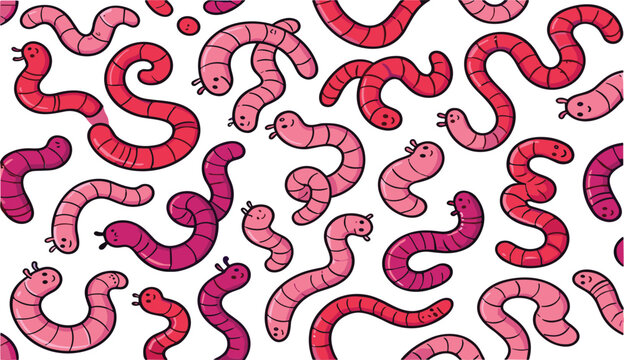 Seamless worm pattern with cute cartoon earthworms in pink and red tones, playful vector background