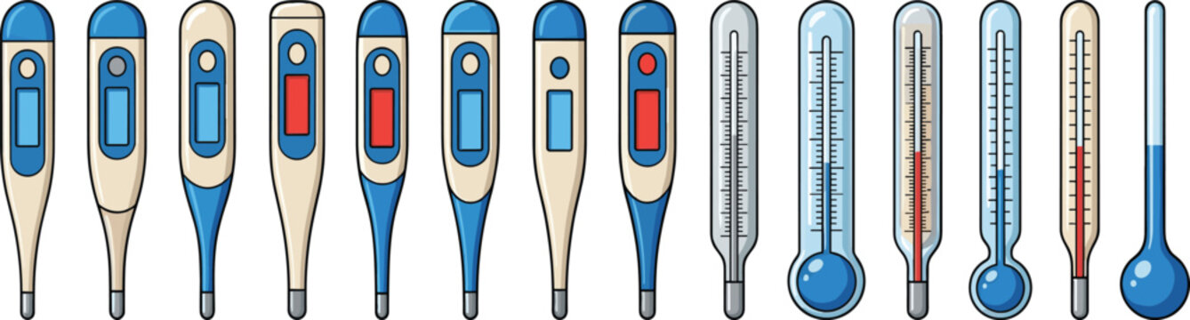 Thermometer collection with digital and classic glass temperature meters, medical and weather vector illustration set
