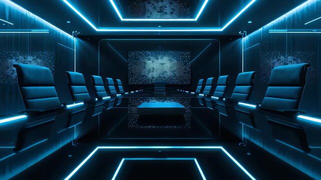 Futuristic Conference Room Interior with Rows of Black Leather Chairs Blue Neon Light Strips Along Walls Floor Ceiling and Central Table