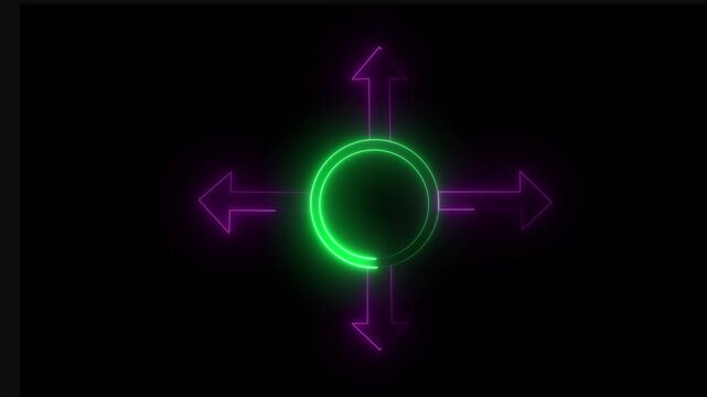 A glowing neon circle with four upward-pointing arrows against a deep black background.