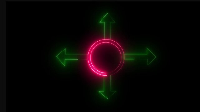 A glowing neon circle with four upward-pointing arrows against a deep black background.