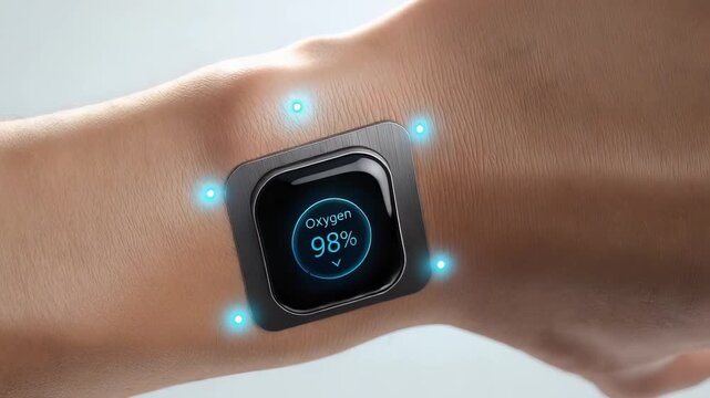 Smartwatch on Human Wrist Displaying Oxygen Saturation Level at Ninety Percent with Glowing Blue Lights on Clean Background