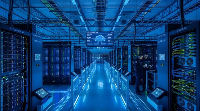 Modern data center with engineers monitoring server racks and cloud computing infrastructure