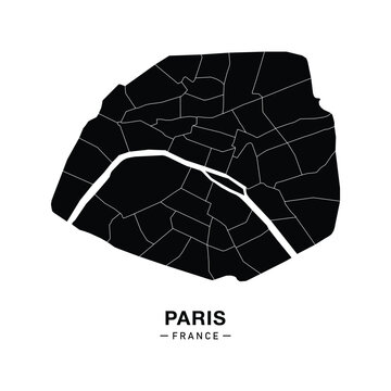 Detailed black silhouette map of Paris, France, with city districts and boundaries. Perfect for travel posters, urban prints, and geographic infographics.
