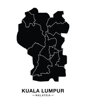 Detailed black silhouette map of Kuala Lumpur, Malaysia, with city districts and boundaries. Perfect for travel posters, urban prints, and geographic infographics.
