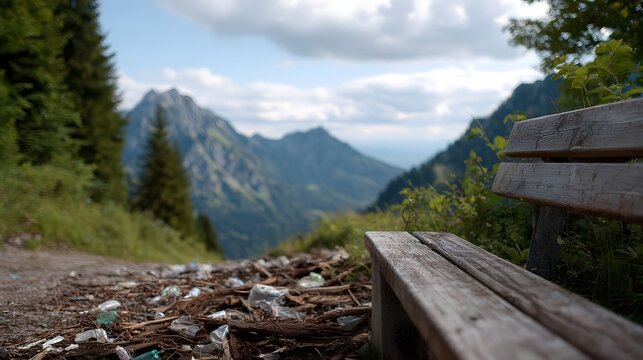 A rustic wooden bench situated on a dirt path overlooking a sweeping and majestic mountain panorama under a dramatic sky