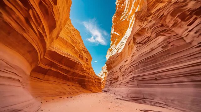 Narrow sandstone slot canyon with layered orange rock walls sandy floor and bright blue sky above desert landscape