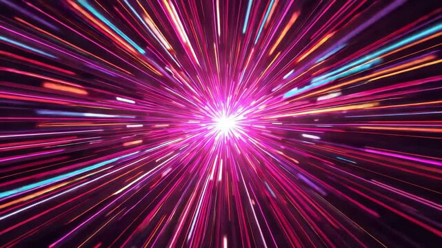 Vibrant pink purple blue light rays exploding outward from bright glowing central star in dynamic motion burst