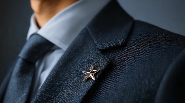 Man in dark blue suit jacket with light shirt tie and golden star pin on lapel formal business attire