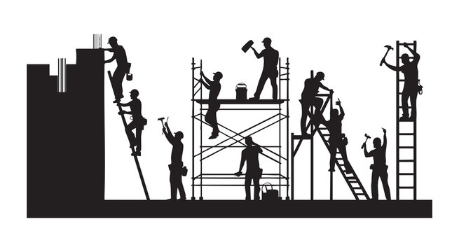 Construction workers building site silhouettes working on ladder scaffolding equipment