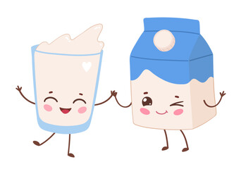 Fototapeta premium Vector illustration of cute milk glass and milk carton characters with smiling faces. Flat kawaii dairy drink isolated objects.