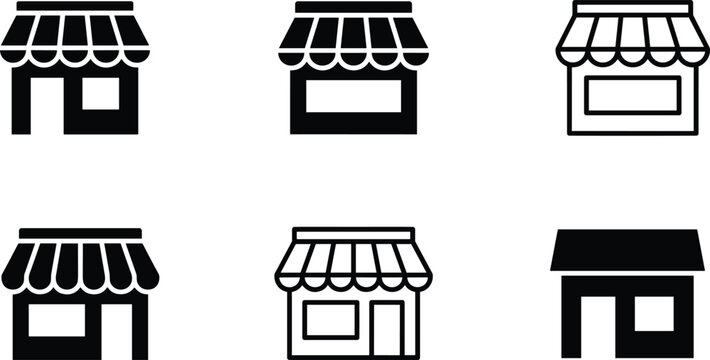 Vector Store Front Icon Set Featuring Black and Outline Local Shop Facades Boutique Marketplaces and Small Business Retail Buildings Design Vector Illustration