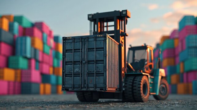 Reach stacker placing shipping container in industrial storage yard