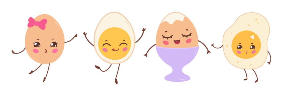 Vector illustration of cute egg characters with smiling faces cooked in different ways. Flat kawaii breakfast food isolated set.