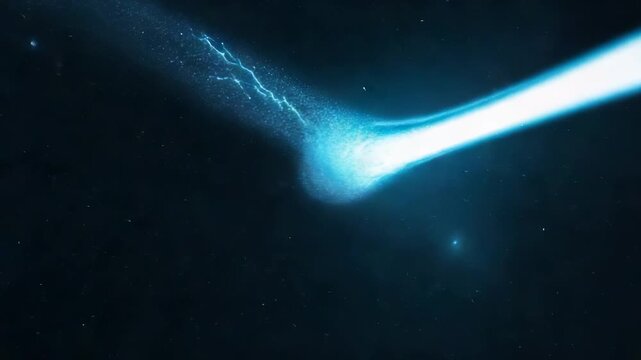 Blue comet impact with bright energy beam in dark space scene, glowing cosmic particles, meteor collision and dramatic astronomical light