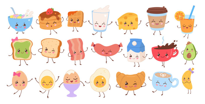 Vector illustration of cute breakfast food and drink characters with smiling faces. Flat kawaii collection of morning meal isolated objects.