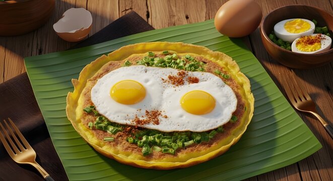 Indonesian telur dadar with fried eggs and garnishes on banana leaf
