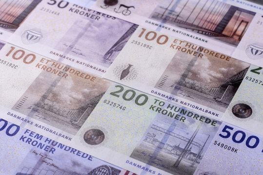 Money, currency of Denmark, Danish krone banknotes. Denmark, Danish money