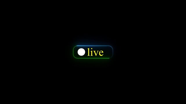 Neon glowing Live button indicator with pulsing ring for social media streaming and broadcast.