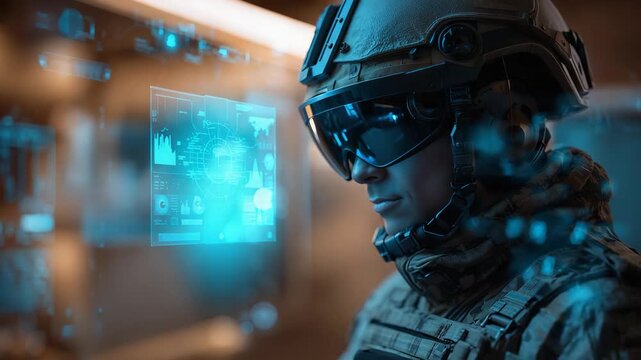 Soldier wearing tactical helmet and augmented reality visor with holographic interface for defense technology and military operations