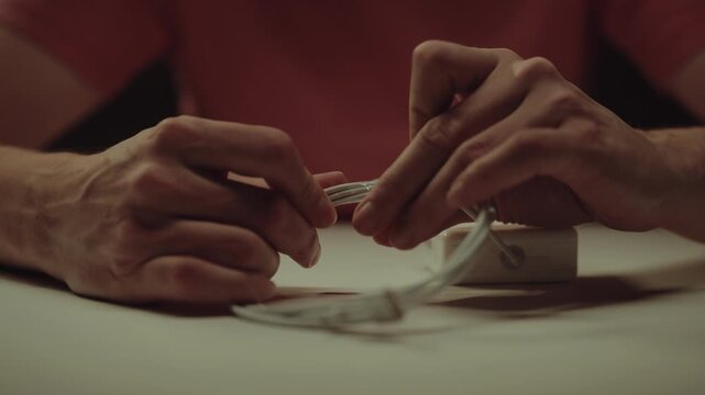 Close-up view of male hands unpacking new white phone charger on table, removing packaging and unwrapping usb cable to prepare electronic gadget for use. Shooting in slow motion.