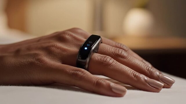Closeup Hand Wearing Smart Ring Bedside, Ambient Lamp Glow, Sleek Black Band Pulsing Blue Led, Manicured Nails Resting On White Sheet, User Checking Sleep Metrics Via App, Calm Nighttime Wellness Mood