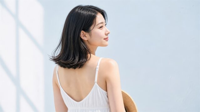 麦わら帽子を手に持ち白い背景で振り返る女性の後ろ姿