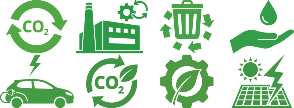 Set of green eco-friendly and energy saving icons including recycling co2 factory electric car and solar power vector.