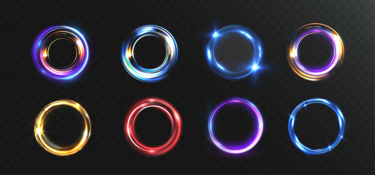 Set of glowing neon light circles collection, multicolor luminous rings with lens flare sparks on dark background, electric energy portal frames, futuristic round light effect elements
