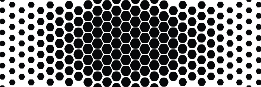 Seamless black and white honeycomb pattern with a metallic hexagon grid texture featuring a dark steel mesh design for a modern industrial gray iron background