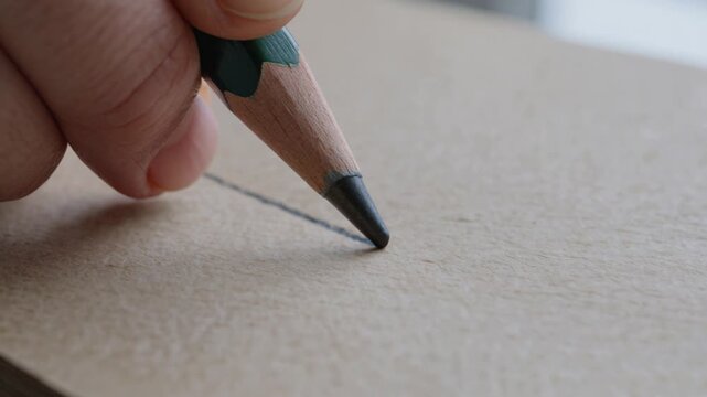 Macro of a hand sketching with a cedar pencil on grainy recycled paper in a bright workspace