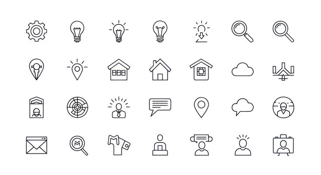 Business Idea Icons Set: Lightbulb, Gear, Location, Search, Cloud, Chat, Mail