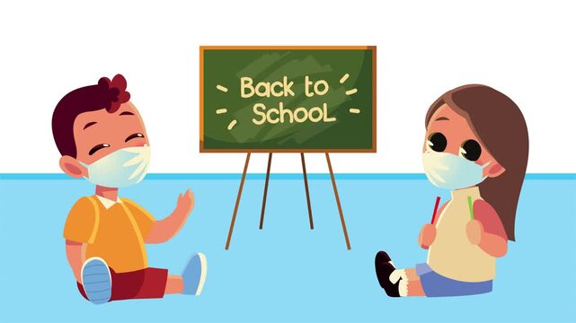 Cartoon animation of happy school children wearing protective face masks sitting near a blackboard in a classroom setting.