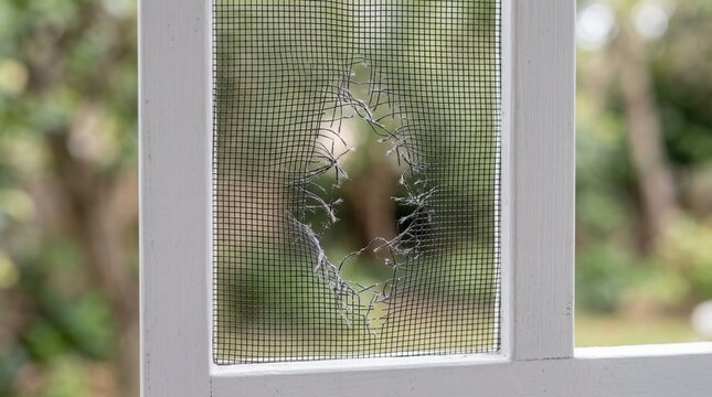 Decorative fly screen viewed from outside with blurred garden background  