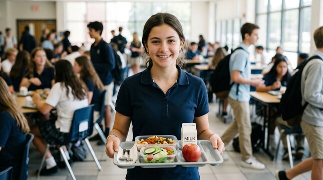 Teen girl smiling while holding lunch tray in school cafeteria  