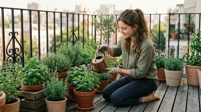 Young woman watering potted plants on balcony in urban setting  
