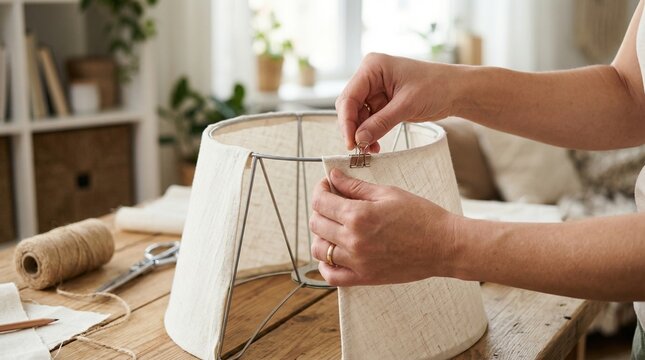 Crafting a lamp shade at home with hands on a wooden table  
