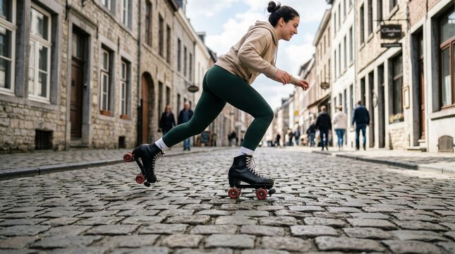 Young woman roller skating energetically on cobblestone street  