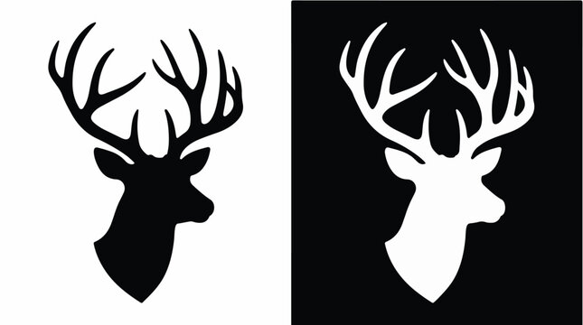 Black and white deer head silhouettes with antlers and black backgrounds