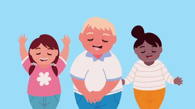 Animated group of happy children with down syndrome waving hands in a friendly and inclusive classroom environment.