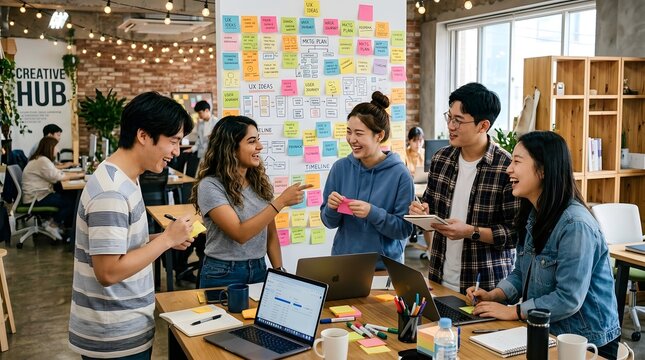 Diverse group of young adults collaborating on a project in a modern office space