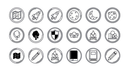 Vector Icons Set: Space, Nature, Security, Learning, Campfire, Books, Map, Pencil © Twel