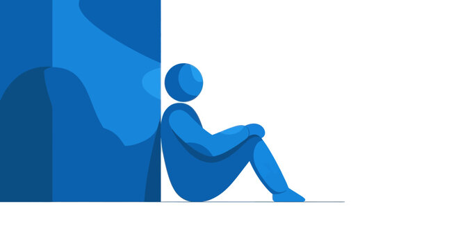 Blue figure sitting alone, leaning against a wall, feeling isolated