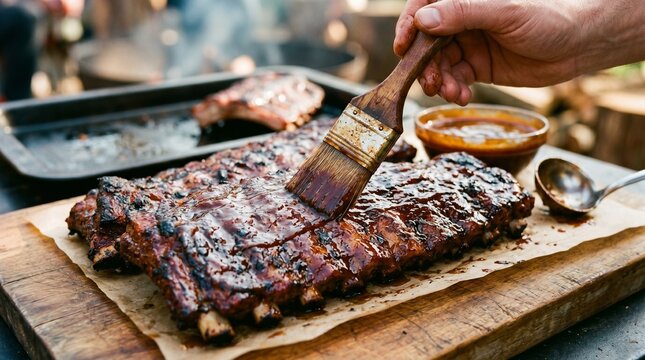 Juicy grilled ribs being basted with sauce