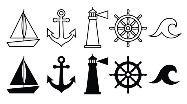 Nautical symbols anchor ship wheel lighthouse sailboat vector illustration set representing marine navigation, travel, and adventure on the open sea.