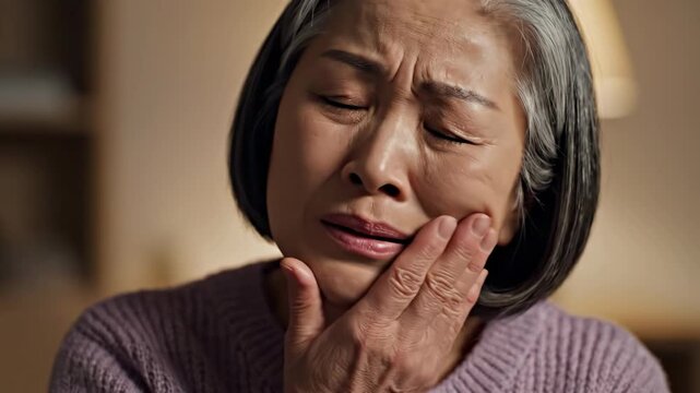 elderly asian woman grimacing in pain due to dental issues. senior lady suffering from toothache or sensitive teeth at home. healthcare, dentistry, medical blog, insurance article.