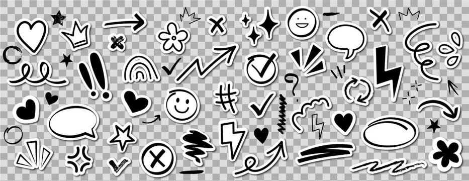 Collage elements set, cut out of paper hand drawn doodles, scribble shapes collection.