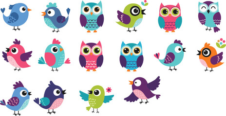 Obraz premium Cute cartoon birds and owls character collection colorful flat vector illustration set playful animals isolated on white background