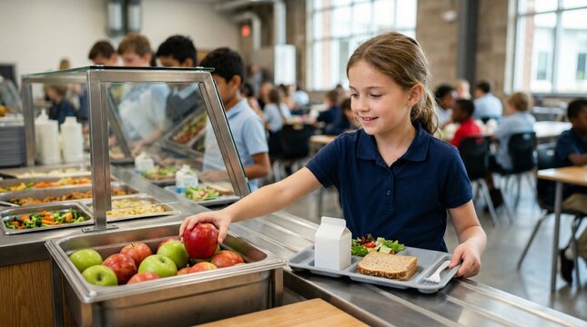 Young girl choosing apple while holding lunch tray in school cafeteria  