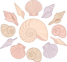 Fototapeta premium Hand-drawn Pastel Seashells and Nautical Elements Vector Set for Coastal, Beach, and Ocean Design Elements